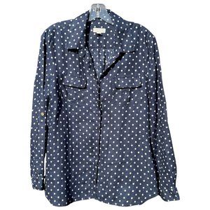 Charter Club Linen Button Down Shirt Navy With White Polka Dots Womens Large